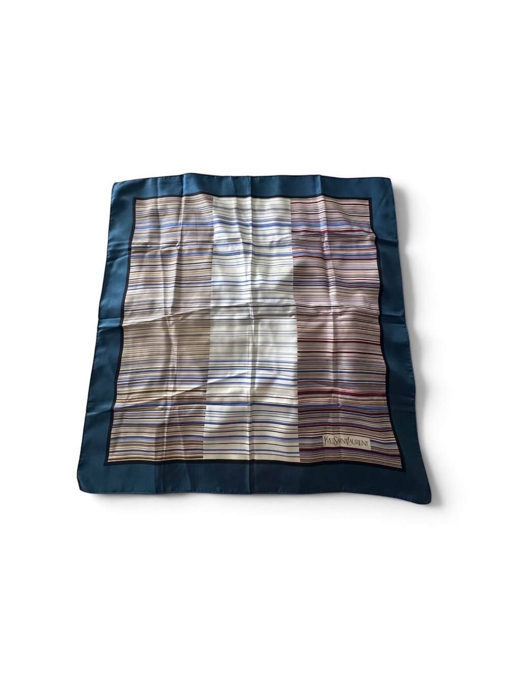 Yves Saint Laurent Multicolor Striped Silk Scarf with Teal Border